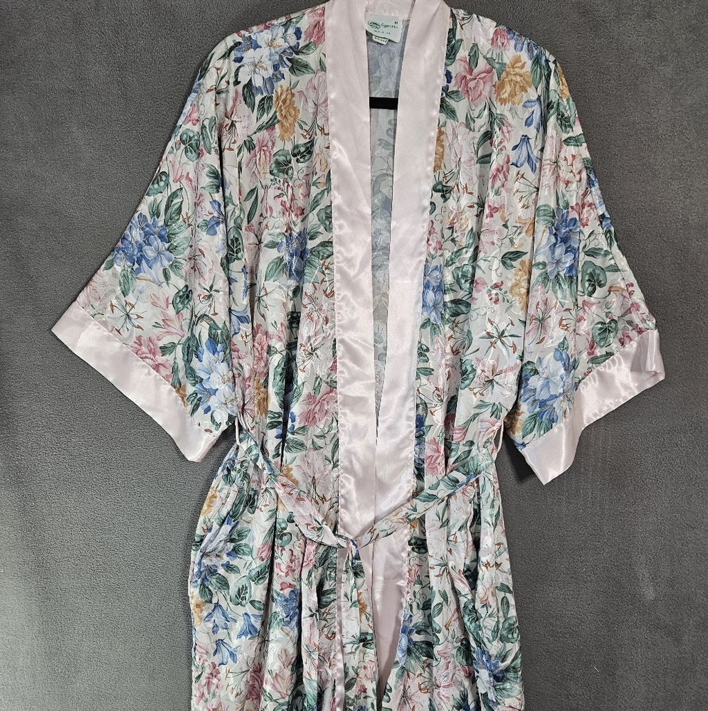 vintage 90s 80s cypress Womens robe Satin Floral Medium USA Made Coquette Belt